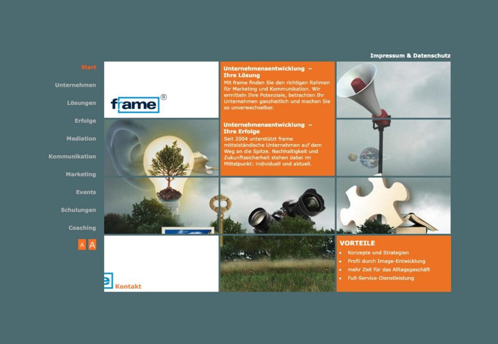 Startseite von f-r-ame.de mit Kachelraster und Navigation