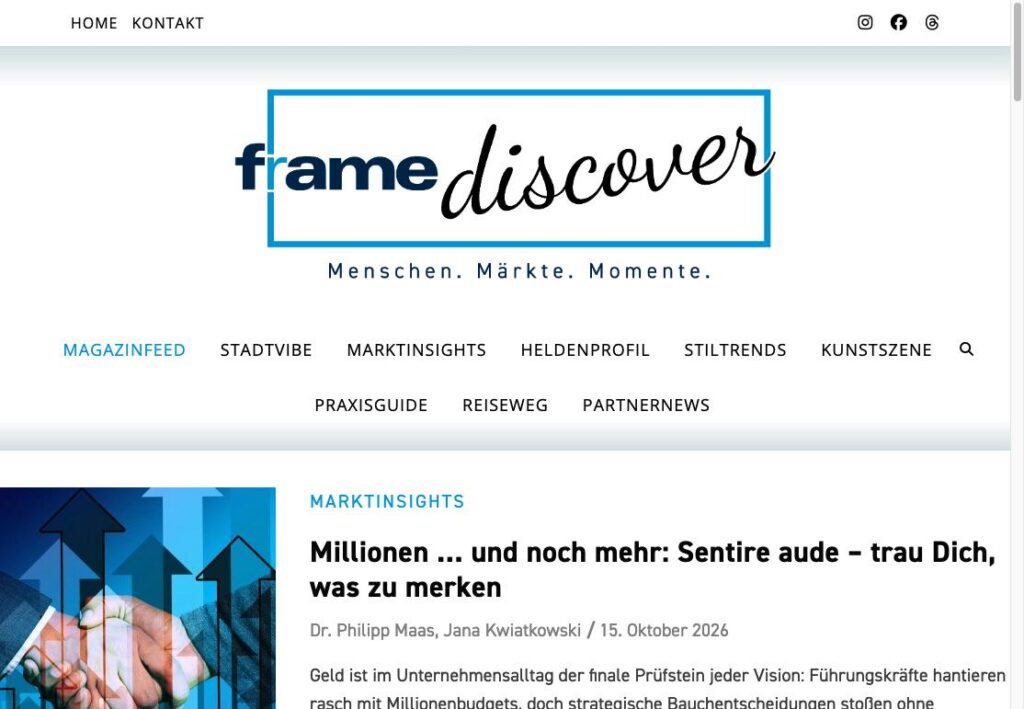 Magazinfeed von frame-discover.de mit Logo und Rubriken